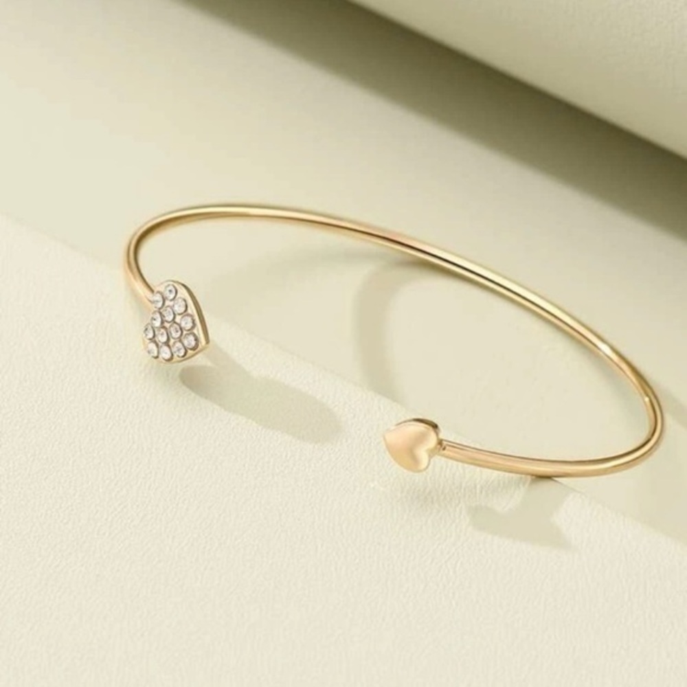 Gold and Rhinestone Heart Bangle Bracelet